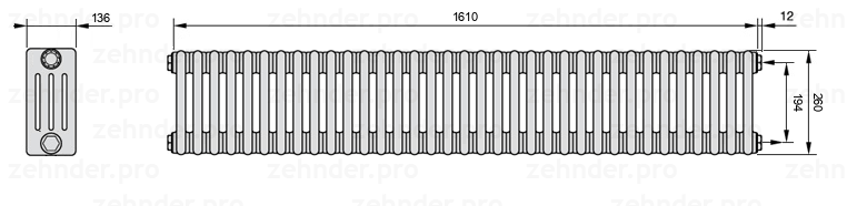 Схема (чертеж) Радиатор Zehnder Charleston 4026/35 №7610 Белый глянцевый RAL 9016